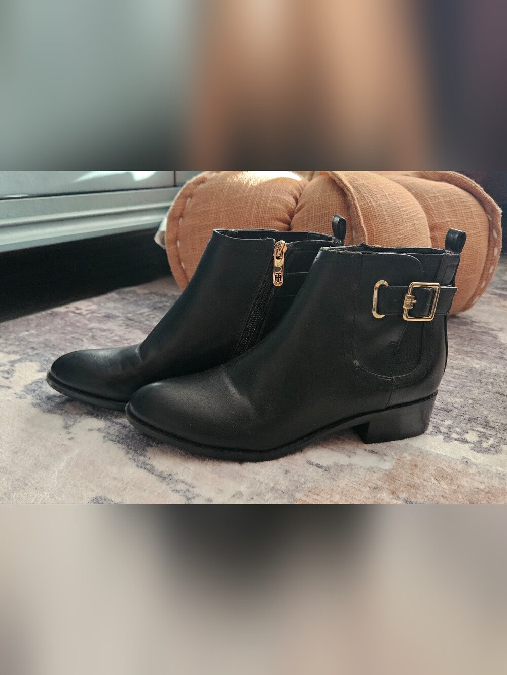Tommy Hilfiger Black Ankle Booties with Gold Buckle